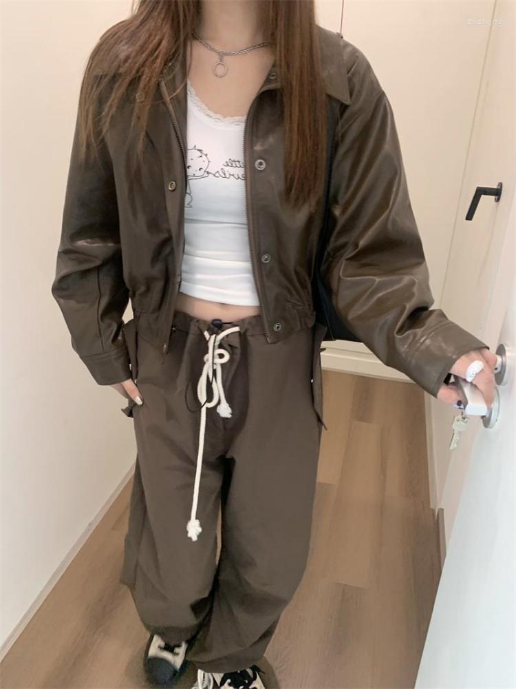 

Women's Leather Early Autumn 2022 Fashion Retro Small Collar Port Style Versatile Slim Coat Clothes Jacket, Black