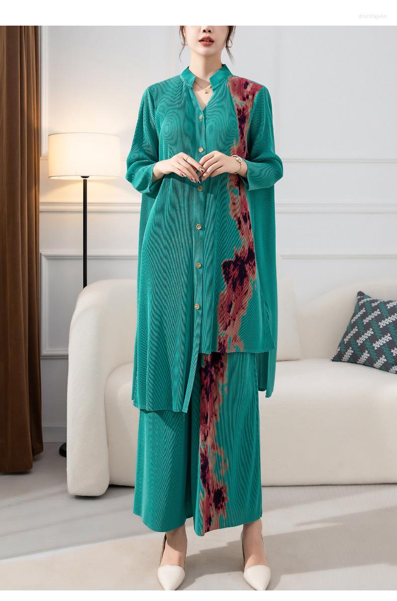 

Women's Two Piece Pants Spring And Autumn 2023 Women's V-neck Printed Long T-shirt Miyak Fold Fashion Loose Plus Size Wide-legged Suit, Green