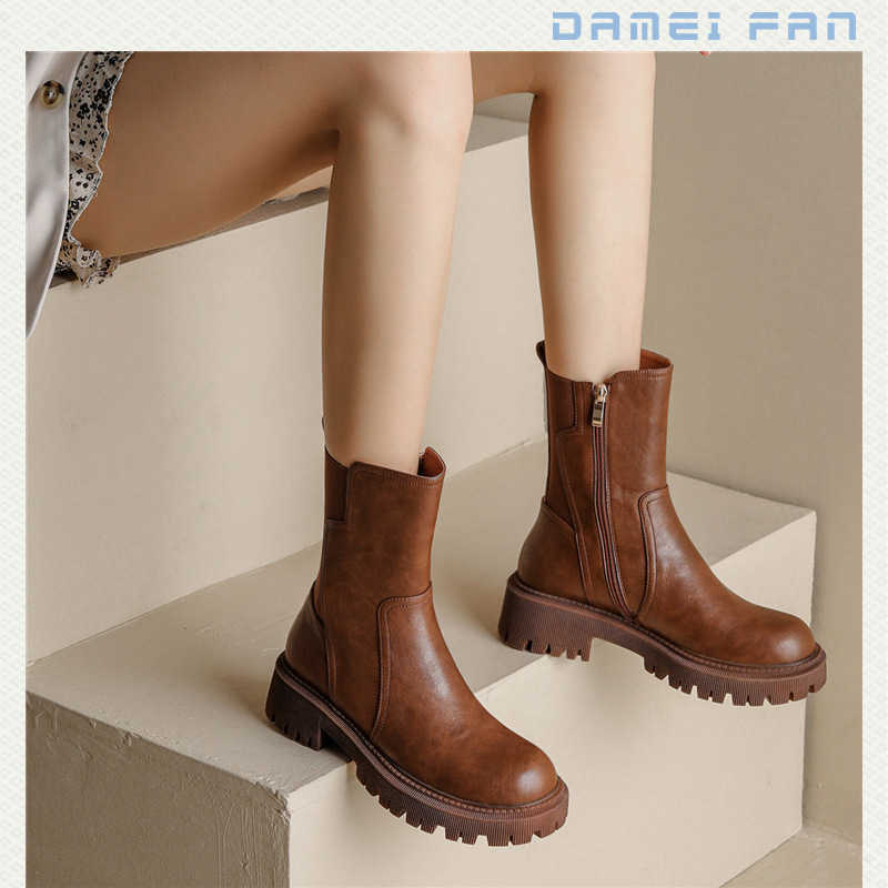 

Boots Leather For Women Chelsea Smoke Boots Women's Winter New British Style Brown Martin Thick Soled Elastic Short Boot Woman Shoes, Brown (plush)