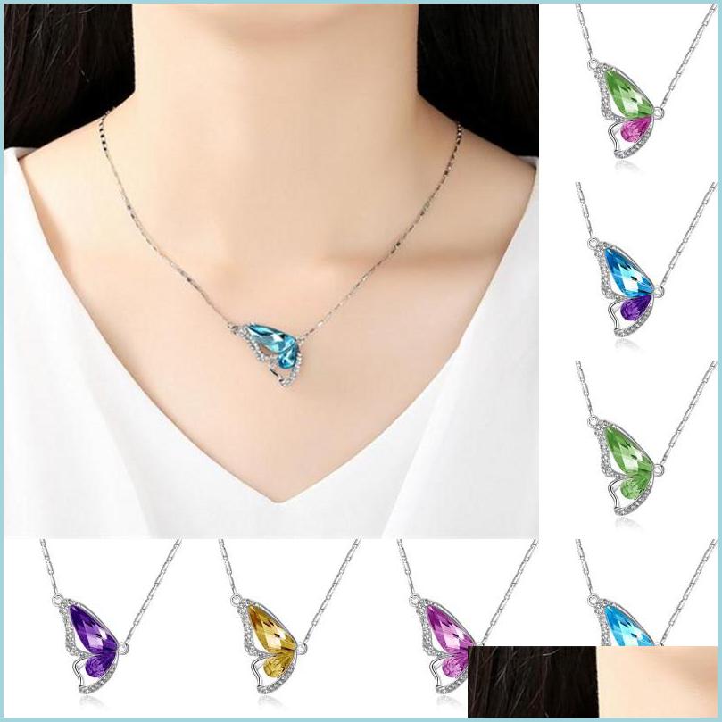 

Pendant Necklaces Colorf Crystal Butterfly Necklace Dancing Pendant Necklaces For Women Girls Gift Korean Styles Drop Delivery Jewel Dh8Ap