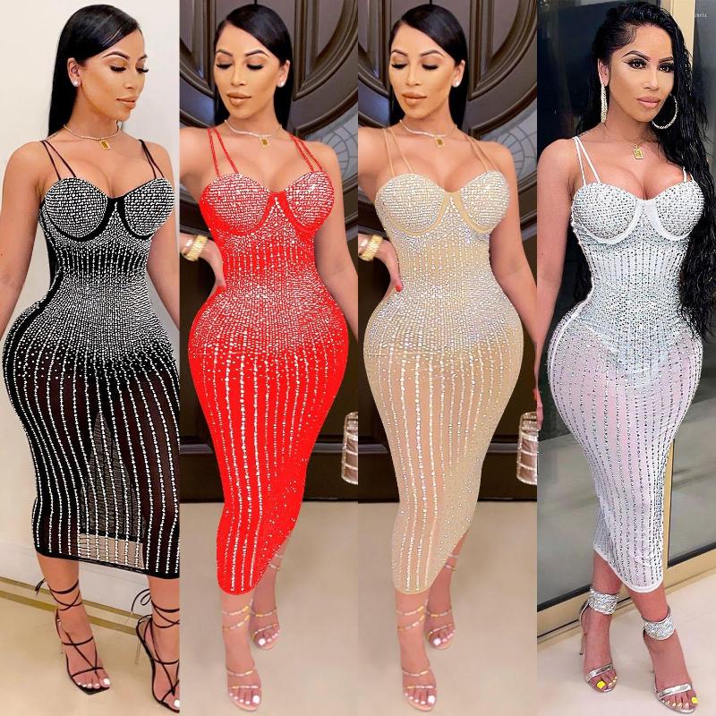 

Casual Dresses Sylph Mesh Patchwork Sexy Women Dress Halter Diamonds For Party Fashion Sleeveless Backless Vestidos 2022 Clothing, Black