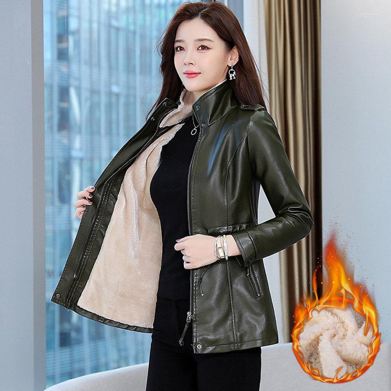 

Women's Leather 2022 Autumn Women PU Jacket Winter No Velvet/Add Velvet Female Mid-length High-end Coat A1117, Black