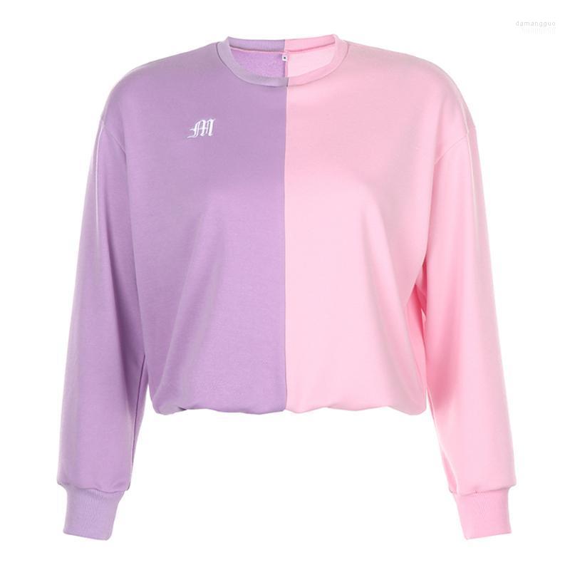 

Women' Hoodies Women' & Sweatshirts 2022 Female Patchwork Pink Purple Crewneck Sweatshirt Long Sleeve Cropped Casual Tops Fashion