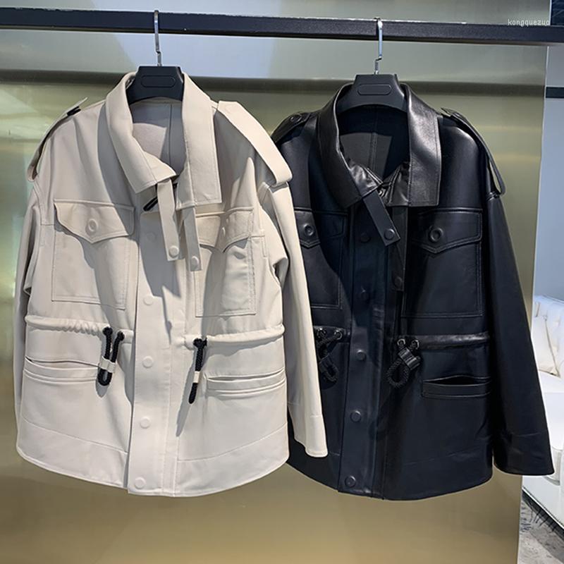 

Women's Leather 2022 Sheep Skin Women's Short Jacket Coat Genuine Autumn Coats Female Middle Long Shirt, Beige