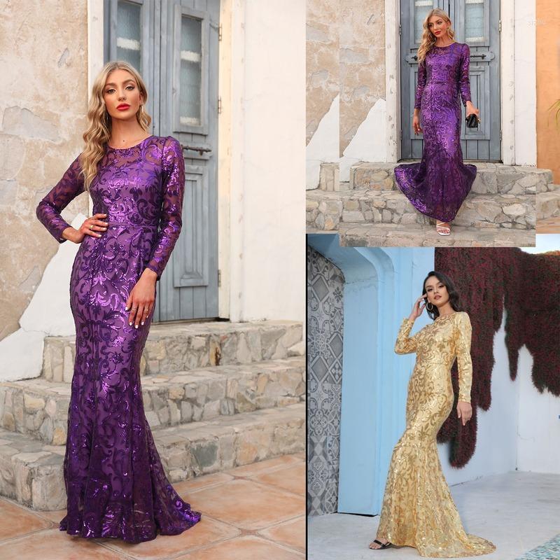 

Casual Dresses Sequin Dress Purple Round Neck Temperament Long Evening 2022 Spring And Autumn Sleeve, Gold