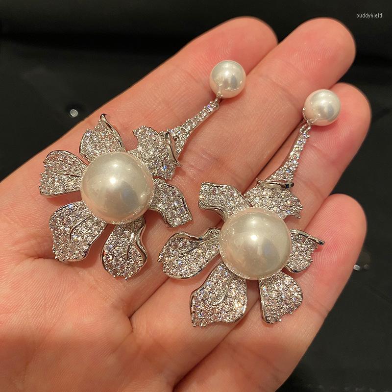 

Dangle Earrings Flower Pearl Pendant Tassel Cubic Zircon Jewelry For Women 2022 Luxury Brands Fashion Silver Luxurious Aretes Aesthetic