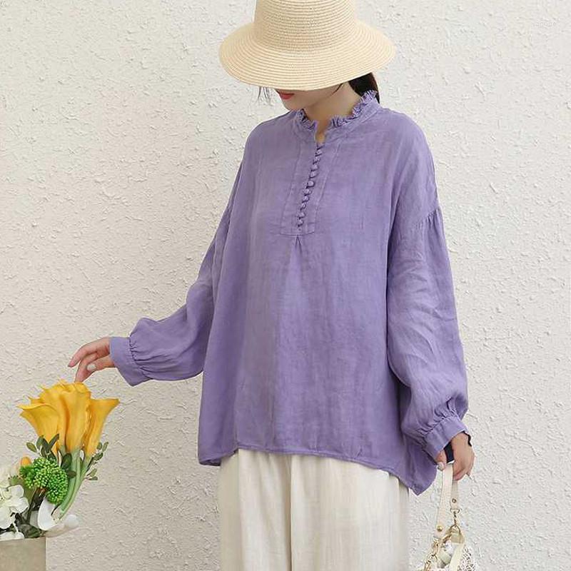 

Women's Blouses Johnature 2022 Linen Solid Color Women Autumn Vintage All Match Thin O-neck Full Sleeve Button Female Shirts, Purple