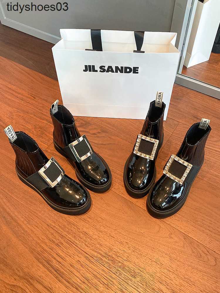 

Rogs Viviers Rhinestone Square Buckle Short Boots for Women 2022 NewVIV Rangers Strass Metal Buckle Chelsea Booties Boots in Patent Leather, Black drill thread