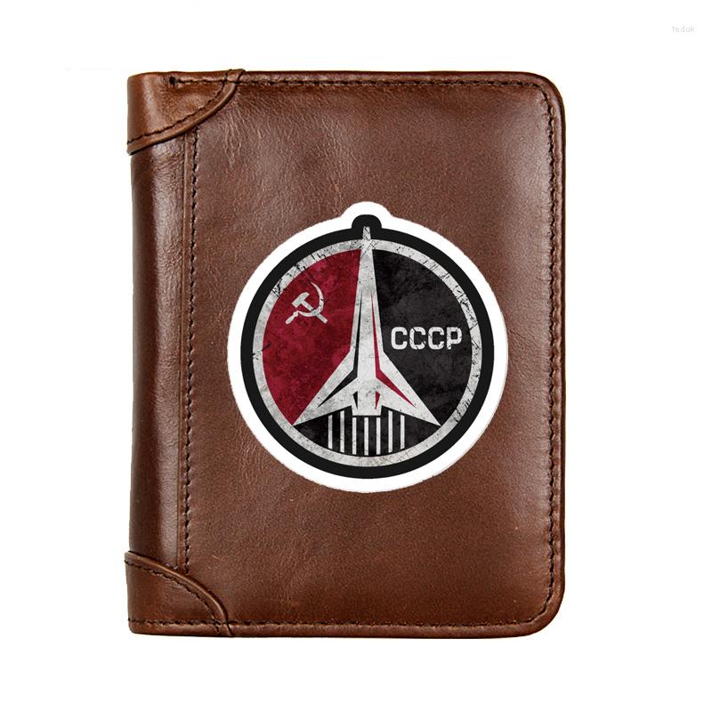 

Wallets CCCP Space Force Design Genuine Leather Men Wallet Business Classic Slim Card Holder Male Short Purses High Quality, Black