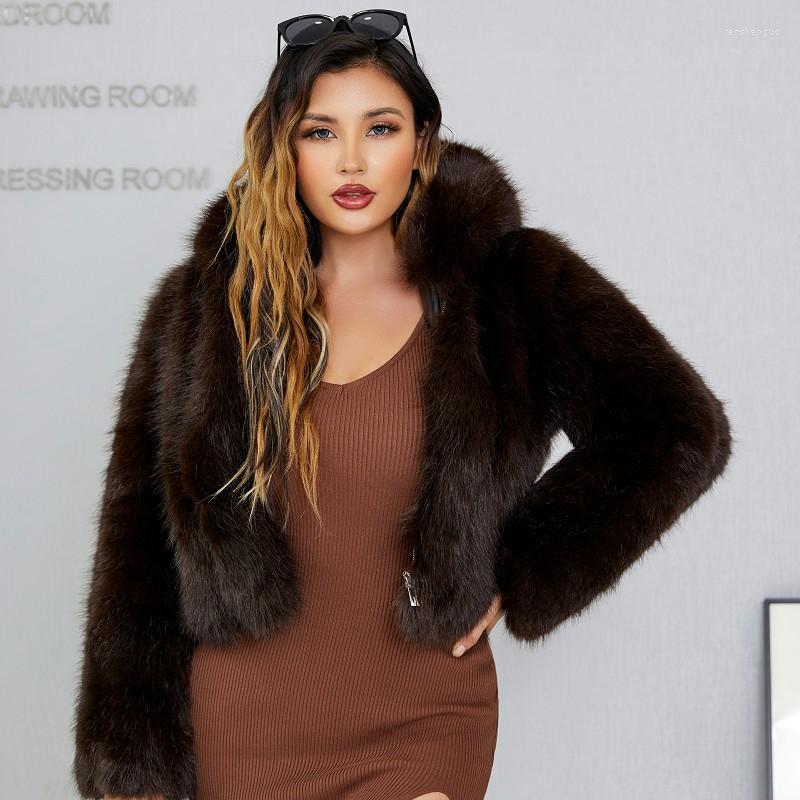 

Women' Fur Winter Fashion Faux Coat Women Clothing Short Hood Stitching Imitation Overcoat, Dark brown
