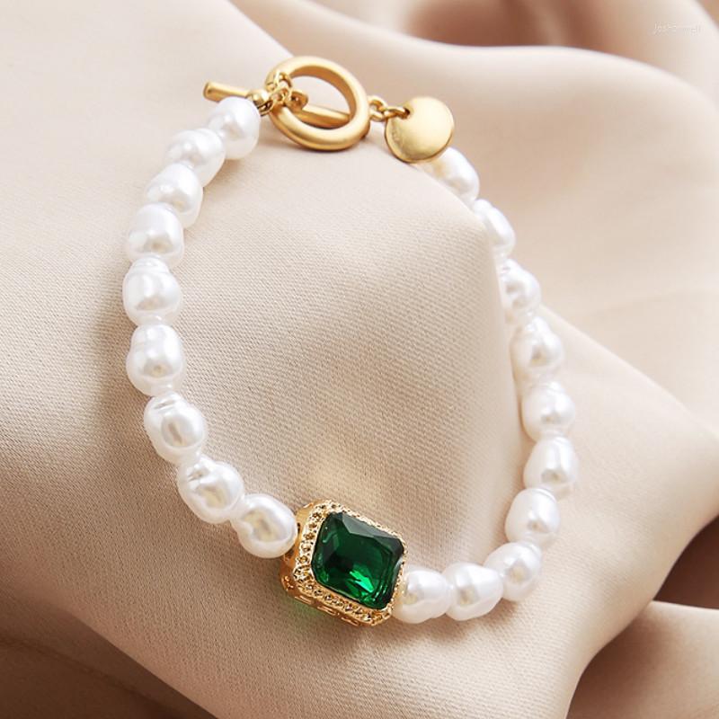 

Strand Pearl Creative Retro Simple Temperament Inlaid Green Gemstone Bracelet For Women Trendy Wrist Jewelry Gift