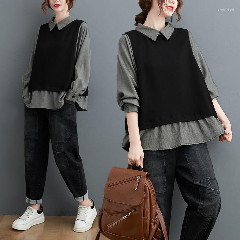 

Women's Blouses Fall Fake Two Piece Striped Shirts Tops Office Lady Temperament Lapel Knitting Pullovers Casual Loose Women Fashion Long, Picture shown