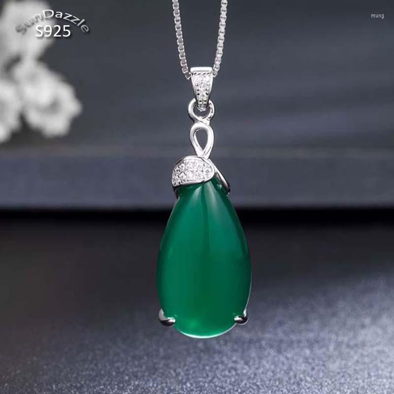 

Pendant Necklaces Genuine Real Pure Solid 925 Sterling Silver For Women Jewelry Gem Stone CZ Natural Chrysoprase Water Drop No Necklace