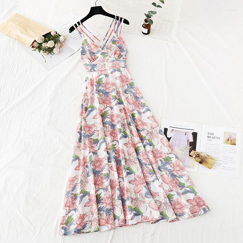 

Casual Dresses Sleeveless Spaghetti Strap Chiffon Dress Women 2022 Summer V-neck Floral Print Off Shoulder Sexy Holiday Beach Long, Begonia black
