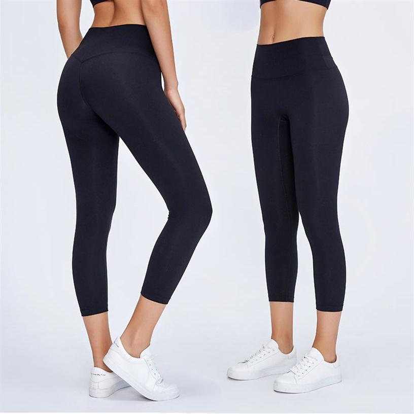 

L2047 Womens Yoga Leggings Nake Feeling Capri Pants High-Rise Outfit No T-Line Elastic Tight Solid Color Sports Trousers199R, Black