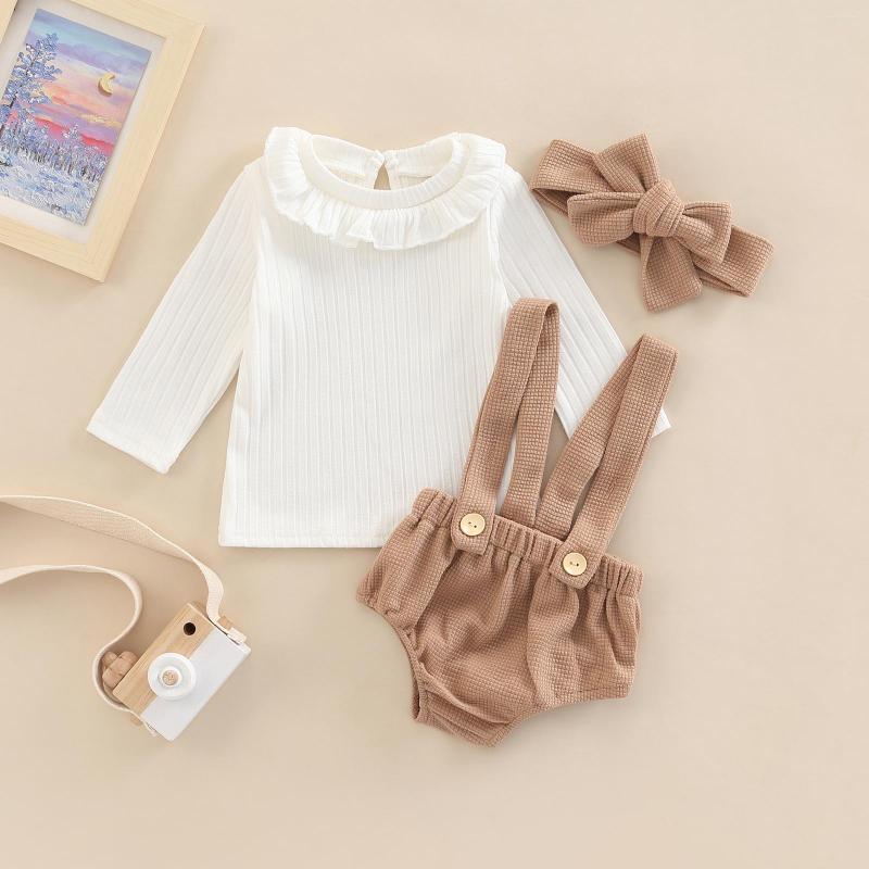 

Clothing Sets Infant Baby Girl Summer Clothes Set Solid Ruffled Crew Neck Long Sleeve Knit Ribbed Tops Suspender Shorts, Picture shown