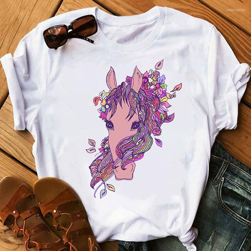 

Women' T Shirts Fashion Horse Head Flower Print Tshirt Women Ulzzang Harajuku Short Sleeve Grunge Graphic Streetwear Tees Female, 7477