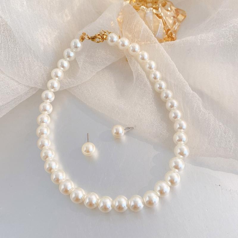 

Choker Hepburn Style White Imitation Pearl Necklace And Earrings Women's Temperament Jewellery Set Birthday Gift For Her Dropship