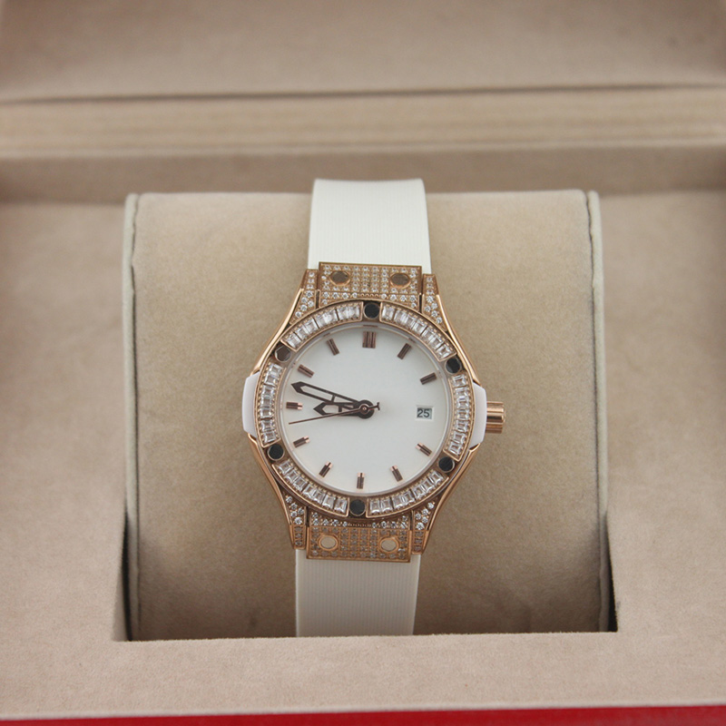 

Luxury women's watch diamond rose gold silica gel watch automatic mechanical wristband calendar, White