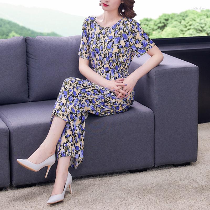 

Women's Two Piece Pants Women 2022 Summer High Waist Wide Leg Tops Shirt Fashion Clothes Set Soft Printed Casual Sets Vintage Suit N61