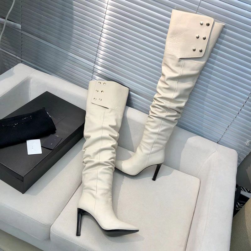 

2022 designer women pointed Overlord knee-high boots family luxury Fashion sexy black white blue leather Boots Autumn winter Metal buckle heels Shoes