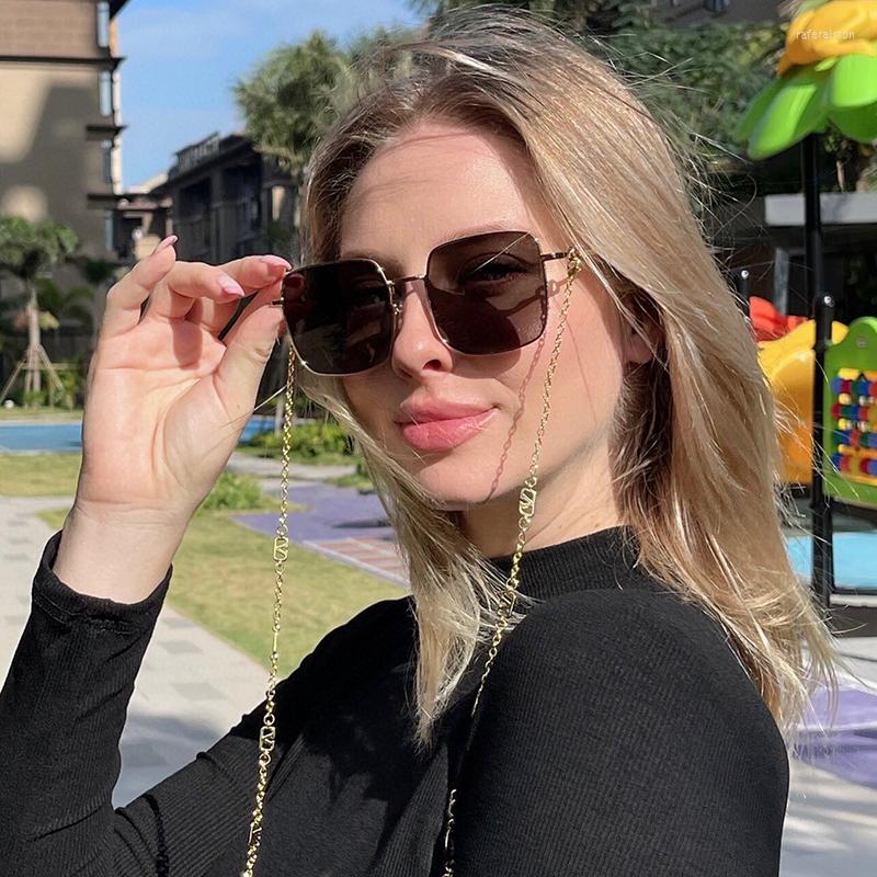 

Sunglasses Gold Metal Frame Square Women Grey Lens Fashion With Chain