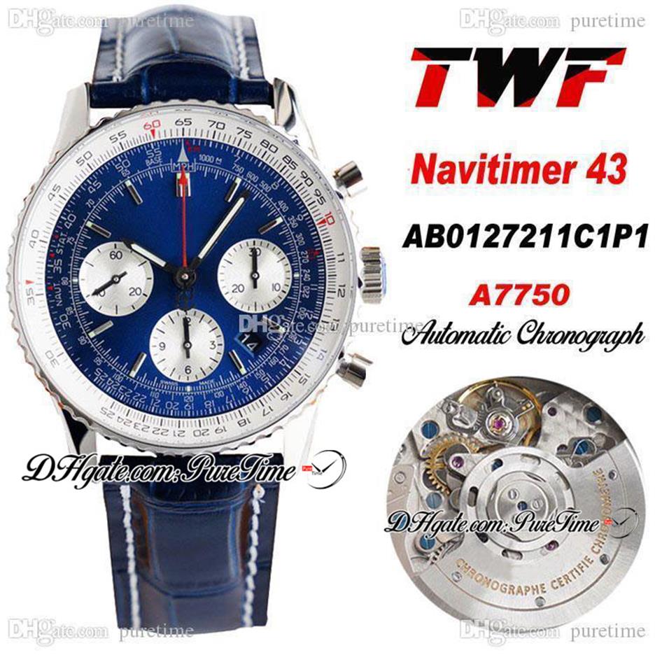 

TWF B01 ETA A7750 Automatic Chronograph Mens Watch White Inner Blue Silver Dial Blue Leather Strap Edition 2021 New PTBL Pure178U, Original box a styles