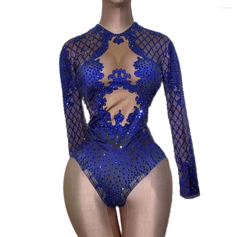 

Stage Wear Royal Blue Bodysuit Rhinestone Jumpsuit Women Sparkling Crystal Bodycon Party Club DJ Outfit Catwalk Show Dance Costume