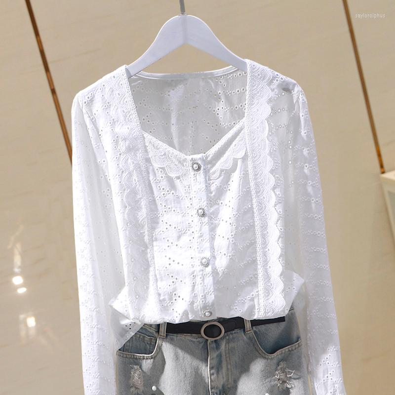 

Women' Blouses Square Collar Lace Hollow Out Women White Shirts Summer Sweet Style 2022 Long-Sleeved Elegant Office Lady Outwear Tops