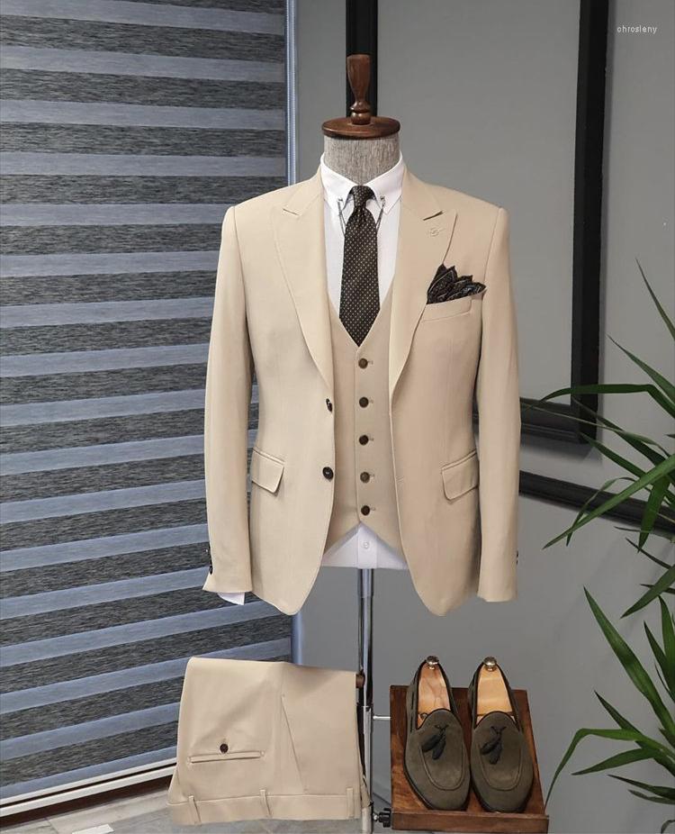 

Men's Suits Costume Homme Business Khaki Men Wedding Groom Tuxedo Terno Masculino Bridegroom Slim Fit Blazer 3 Pieces Jacket Pant Vest