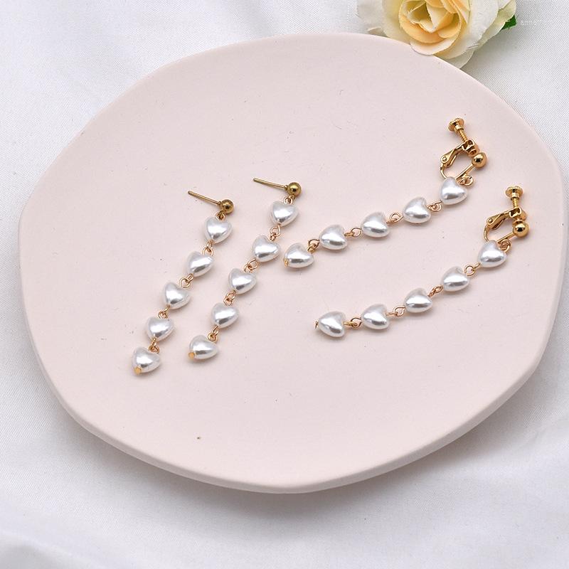 

Backs Earrings Elegant Heart Shaped Pearl Tassel Clip On Temperament Korean Long Pearls For Women No Pierced Ear Wedding