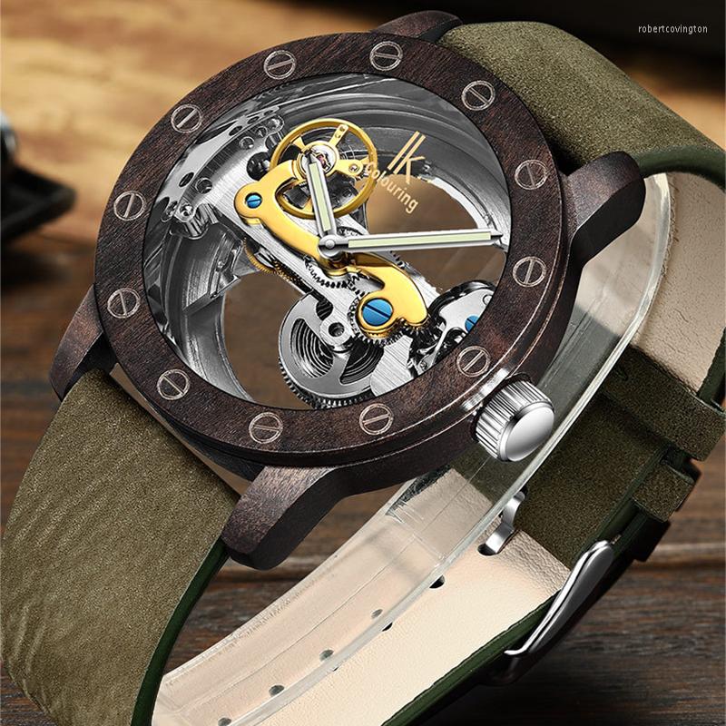 

Wristwatches IK Colouring Fashion Mechanical Watch Men Wooden Timepieces Waterproof Automatic Clock Top Relogio Masculino, W3