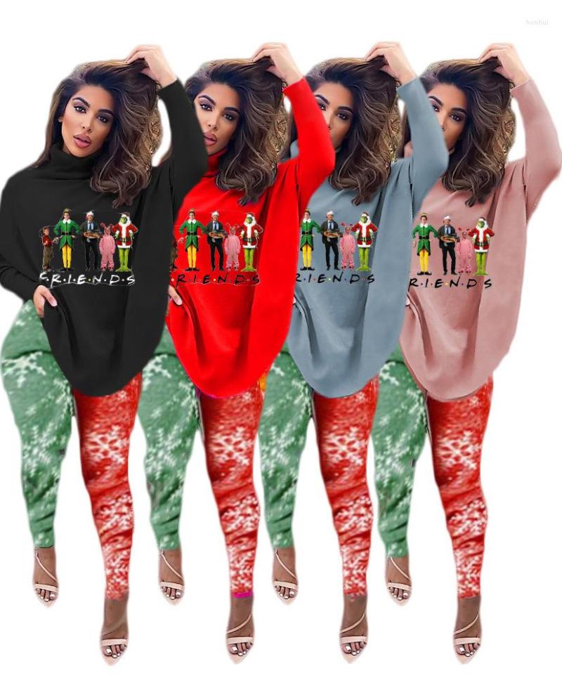 

Women' Two Piece Pants Christmas Women' Two-Piece Suit With Personalized Bat Sleeve Cartoon Split Top, Black