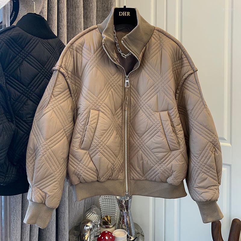 

Women's Down 2022 Autumn Winter Argyle Fashion Bomber Jacket Women Clothing Top Quality Liner Stand Long Sleeve Zipper Vintage Plaid Coats, Khaki