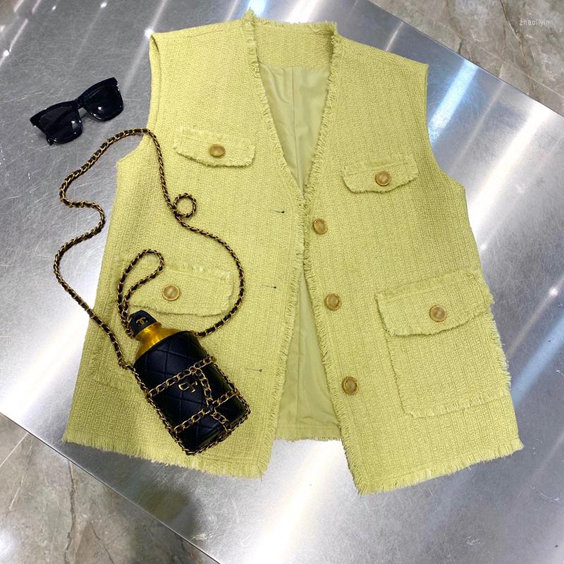 

Women' Vests Luxury Designer Yellow Tweed Jackets For Women 2022 Elegant V-neck Sleeveless Vest Jacket Coat Korean Fashion Streetwear, Light yellow