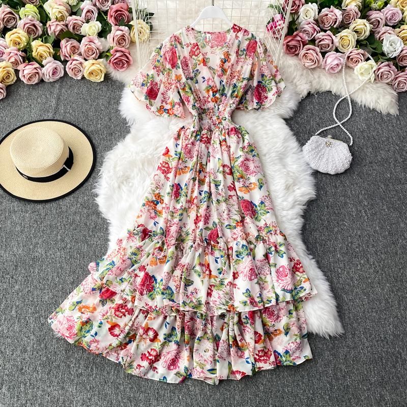 

Party Dresses Summer Chiffon Floral Boho Dress Women Elegant Robe Flared Sleeve Elastic Waist V-Neck Sexy Mixi Holiday Female Vestidos, Blue