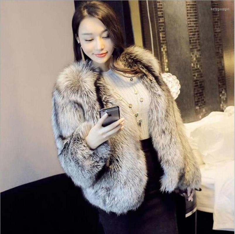 

Women's Fur Female Man-Made Coat Short Jackets Large Size The Silver Color Casual Winter Overcoats Women Fashion Outwears, The silver fox color