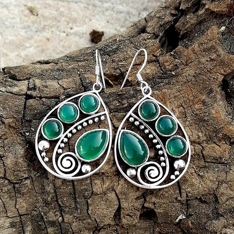 

Dangle Earrings Vintage Tribal Green Stone Hook Bohemian Embellished Hollow Drop For Women 2022 Hippie Jewelry