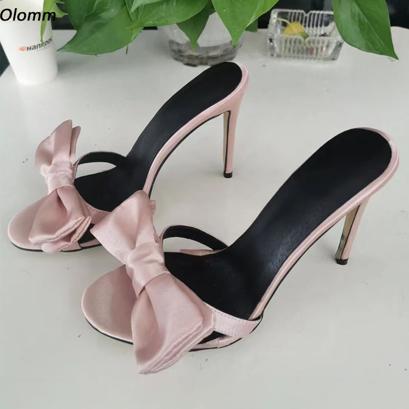 

Olomm Handmade Women Mules Sandals Slippers Satin Knot Stiletto Heels Round Toe Pretty Pink Party Shoes Ladies US Plus Size -20, Sky blue