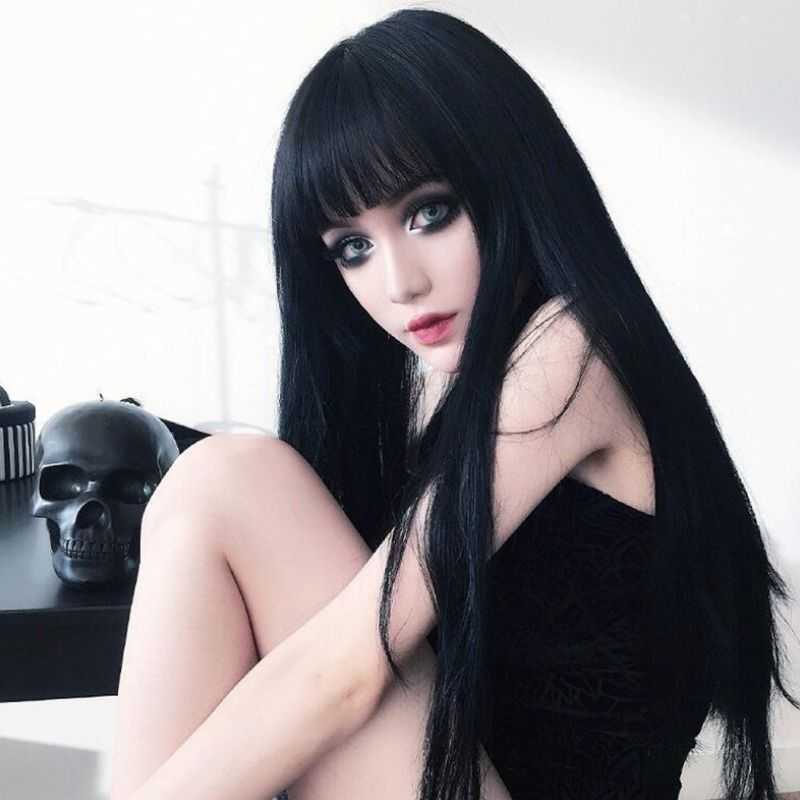 

Hair Lace Wigs Wig Female Long Straight Hair Qi Bangs Dark Wind ita Fake Face Repair Cos Head Cover, Black