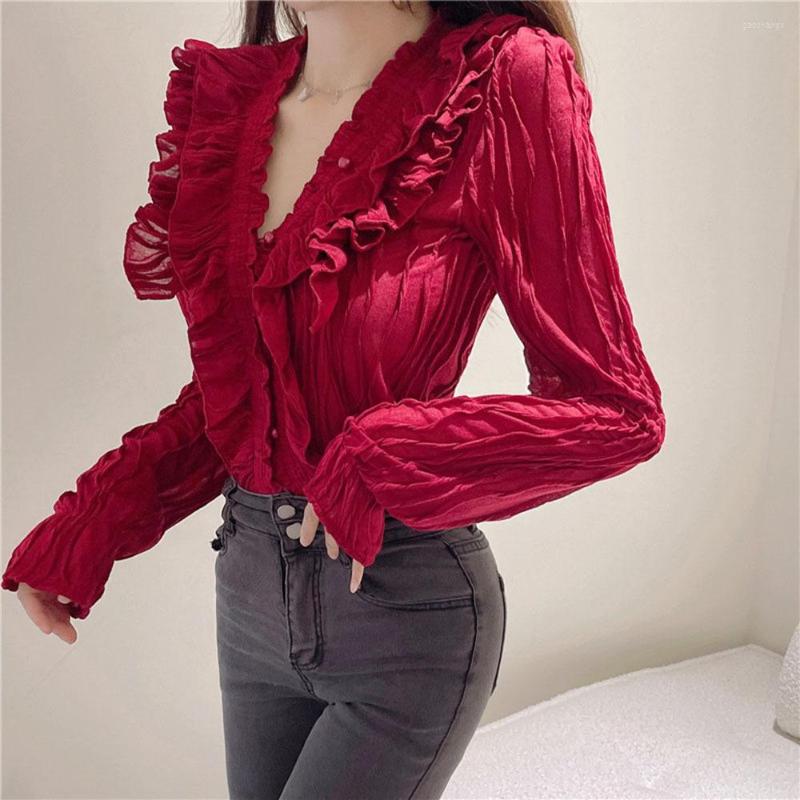 

Women's Blouses Fashion Ruffles Tops Women 2022 Spring Summer Long Sleeve Outwear Elegant Hollow Out V-Neck Shirt, Black