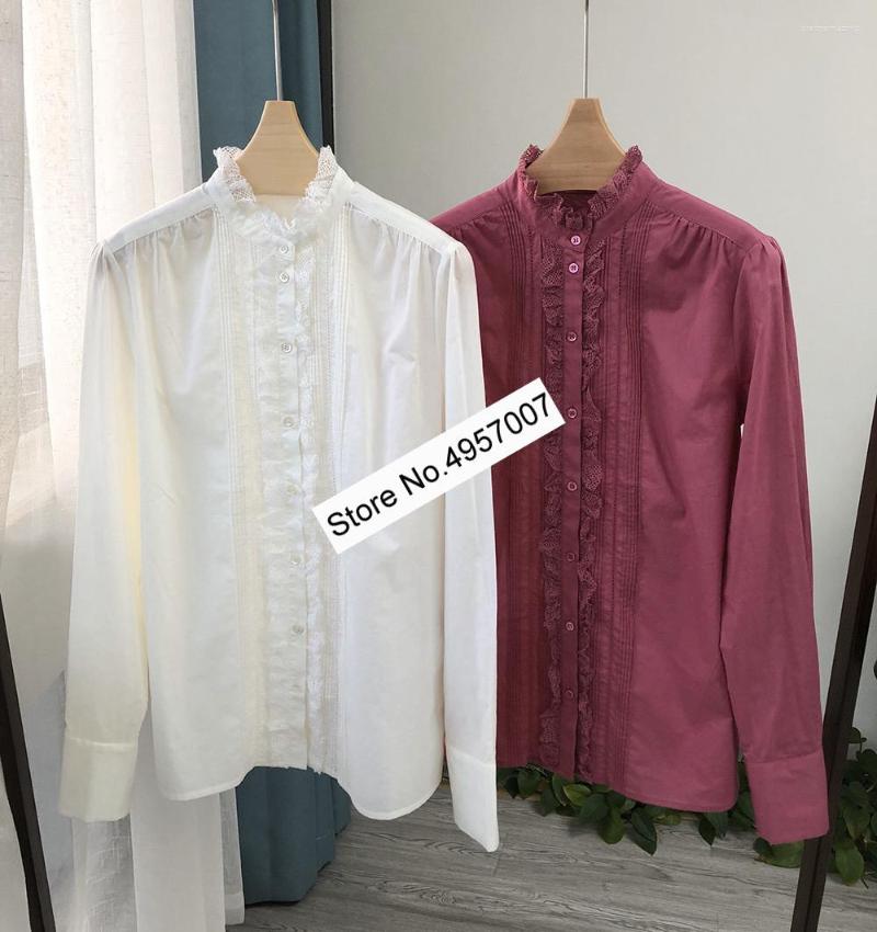 

Women's Blouses Ladies Cotton Long Sleeve Ruffled Neckline Pleated Detail Hollow Out Patchwork Blouse Shirt Top, Style 2