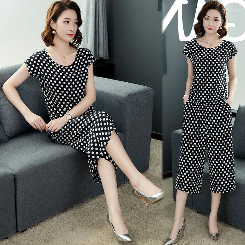 

Women' Two Piece Pants 2022 Summer Polka Dots Print 2 Sets Women Short Sleeve T-shirt And Set Middle Aged Mother' Casual Suit N60, 8668-1