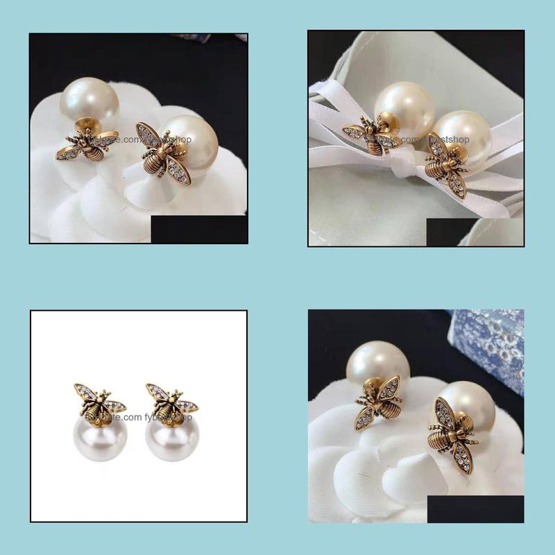 

Stud Luxury Designer Brand Bees Stud Earrings Big Pearl S925 Sier Needle Retro Copper Jewelry For Women Party With Box Drop Delivery Dhmqk
