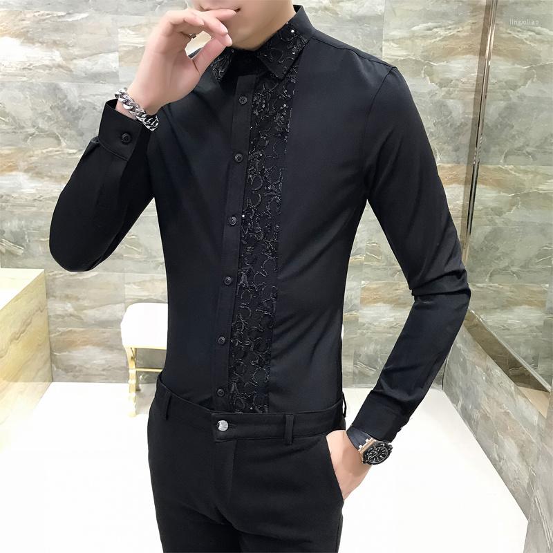 

Men's Dress Shirts Brand High Quality Lace Stitching Long-sleeved Shirt Men Of Cultivate One's Morality Leisure Solid Work, Black