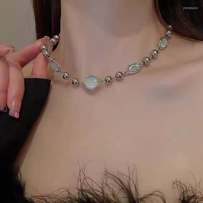 

Chains Oval Opal Splicing Metal Chain Necklace Punk Y2K Collarbone For Women Korean Fashion Necklaces Jewelry Gifts
