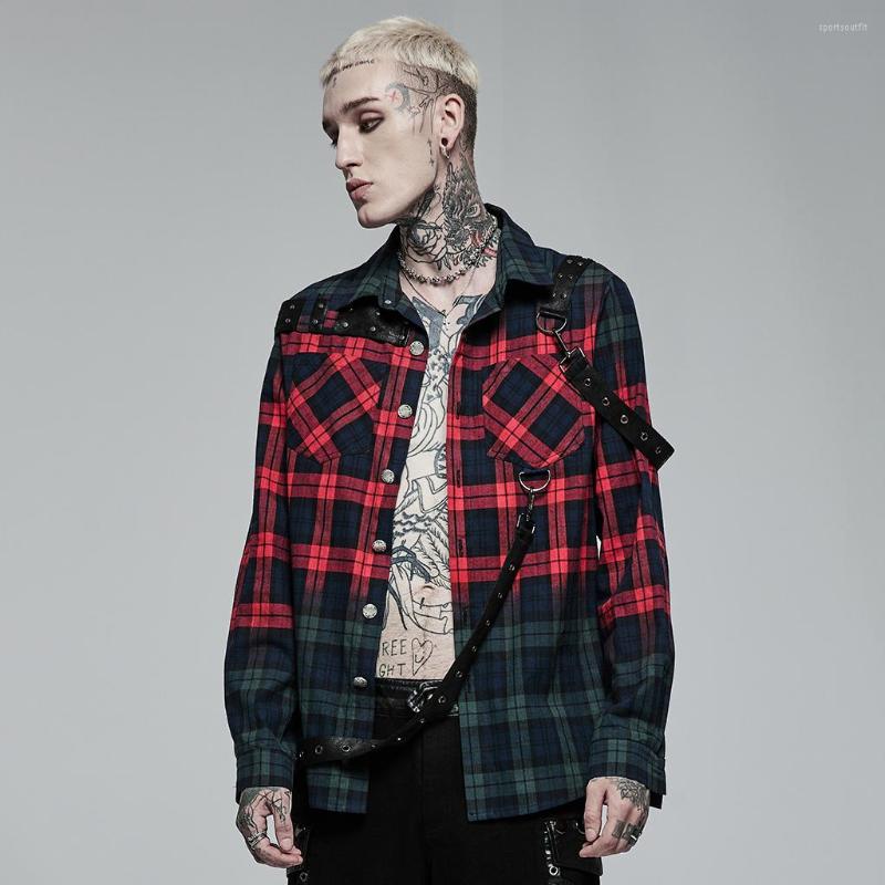 

Men' Casual Shirts PUNKRAVE Men' Shirt Punk Color Plaid Street Style Personality Simple Long Sleeve Blouses, Red