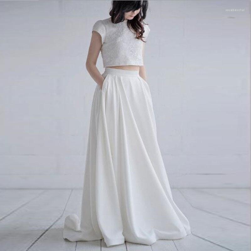 

Skirts Elegant White Wedding Satin Solid Long High Waist Fashion Runway Custom Pleated Maxi Autumn Skirt, Beige