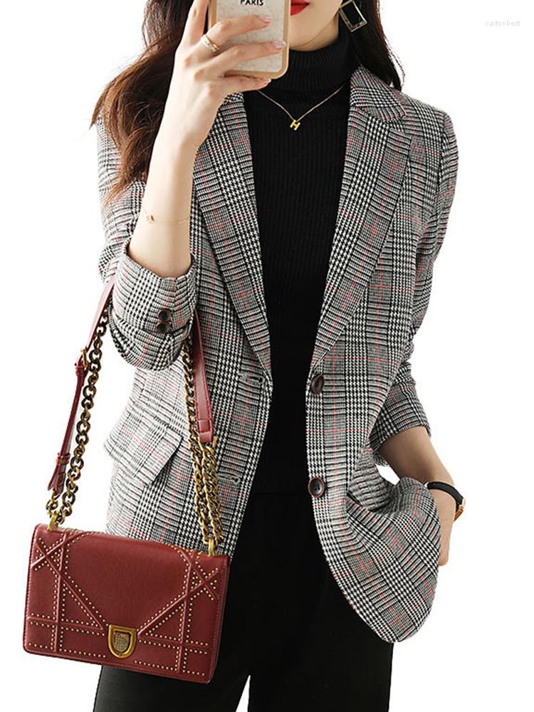 

Women' Suits High-quality Elegant Plaid Outfit Blazer With Pocket For Work Wear Women Long Coat Clothes Fashion Outwear Jacket, Gray