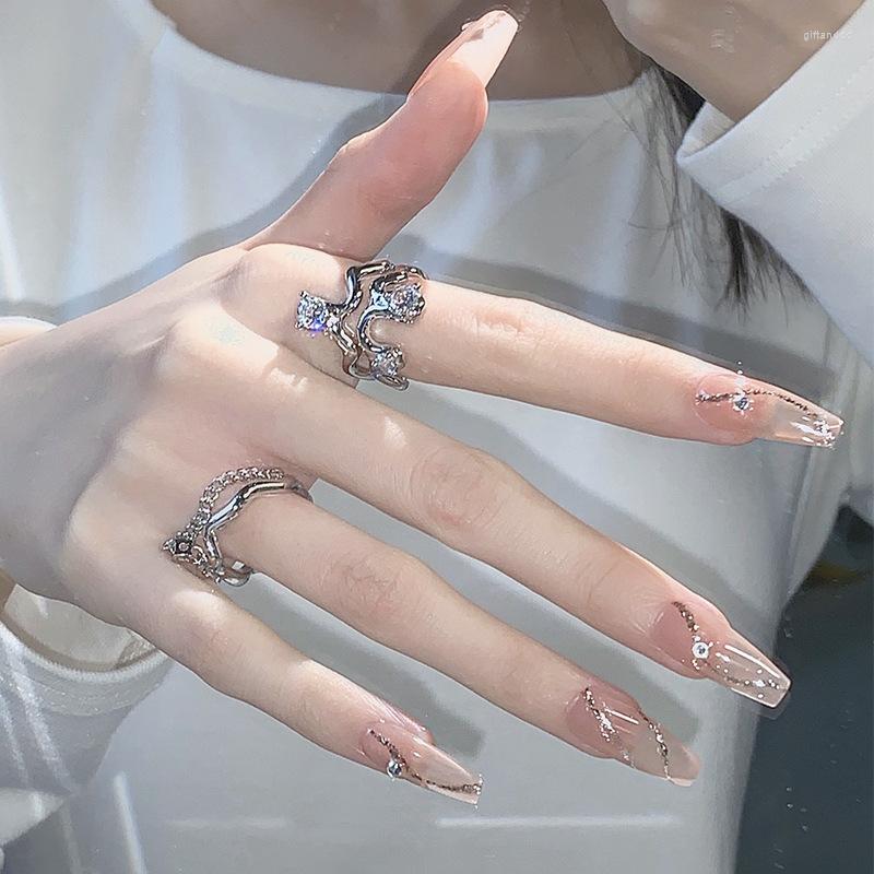 

False Nails 24PCS Shiny Line Jelly Gel Sweet Style Long Press On Wearable Finished Piece With Rhinestones Unhas